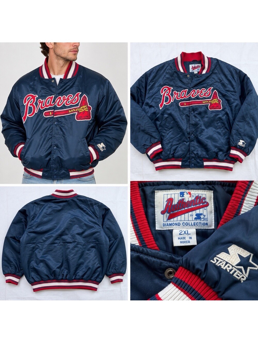 Vtg Atlanta Braves Batting Jacket XXL Blue Starter Diamond Collection MLB 90s